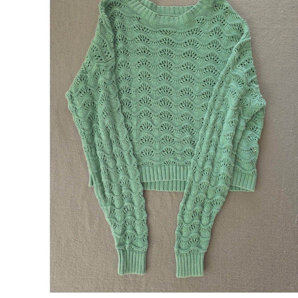 Hollister Sage Green Pointelle Scalloped Open Knit Cotton Sweater Womens XS